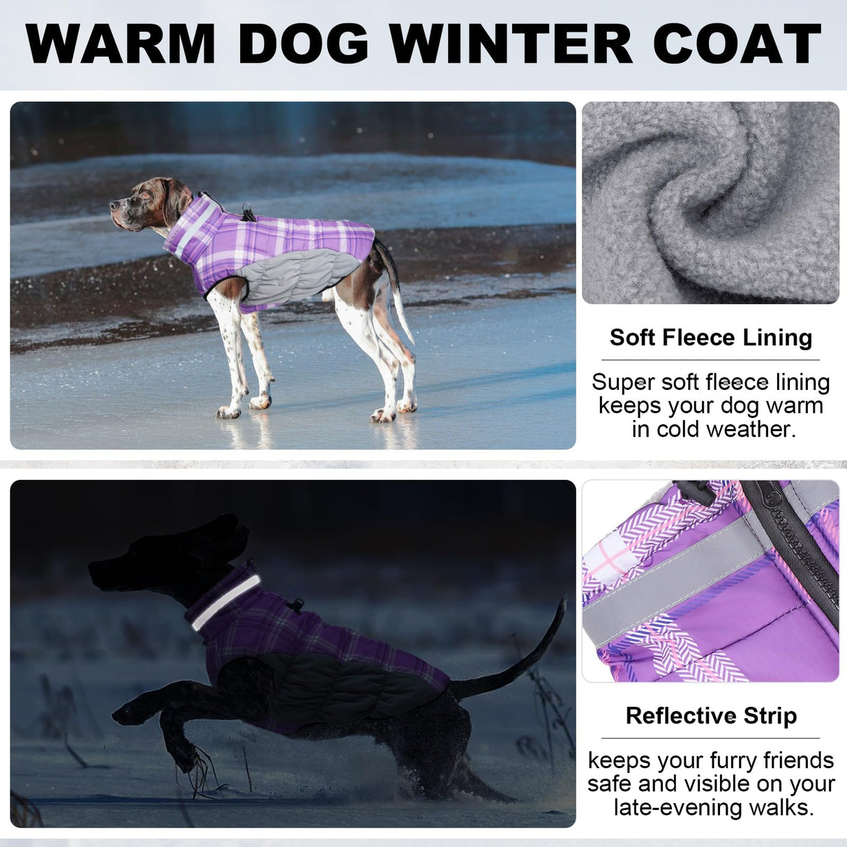 BEAUTYZOO Dog Winter Coat with Harness Built in, Reflective Plaid Puffer Vest Waterproof for X-Large Dogs, Fleece Warm Puppy Zipped Jacket with D Ring, Pet Cold Weather Sweater Clothes, Purple XL