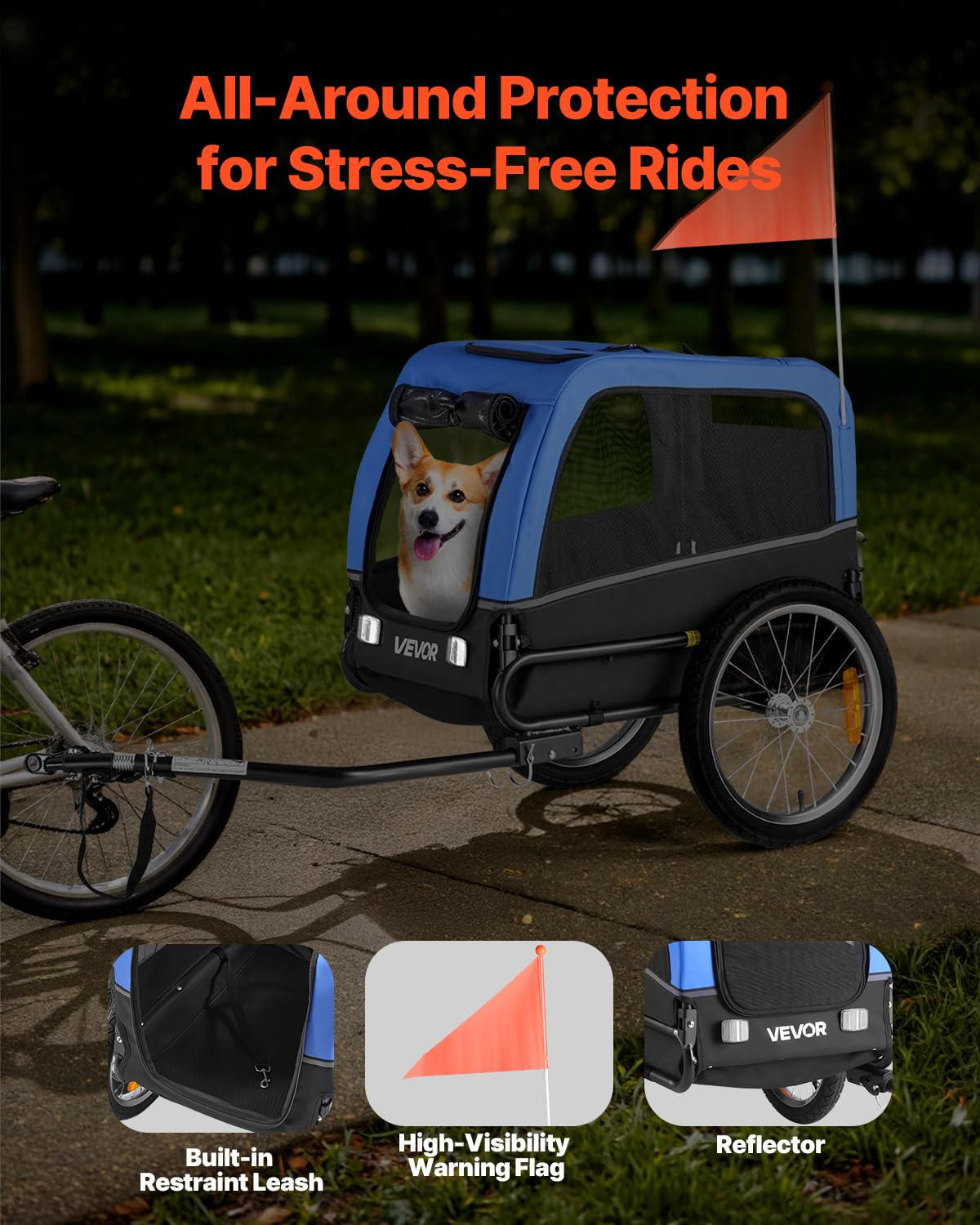 VEVOR Dog Bike Trailer, Supports up to 66 lbs, Pet Cart Bicycle Carrier for Small & Medium Dogs, Easy Folding Frame with Quick Release Wheel, Universal Bicycle Coupler, Reflector, Flag, Internal Leash