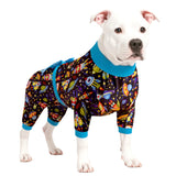 LovinPet Large Dog Pajamas, Post Surgery Recovery Shirt, Stretchy Fabric, Aim for The Moon Flannel Navy Print, Anti Licking, Easy Wear Dog Jammies,Black Blue M