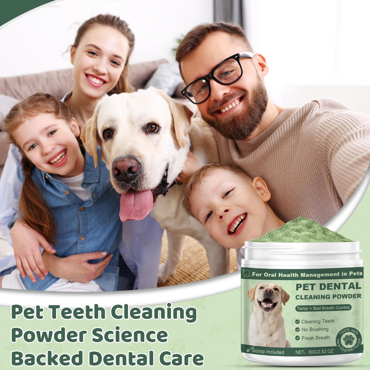 Dog Dental Powder, Dog Teeth Cleaning Powder, Dog Dental Care, Targets Tartar & Bad Breath Dog Teeth Cleaning, Green