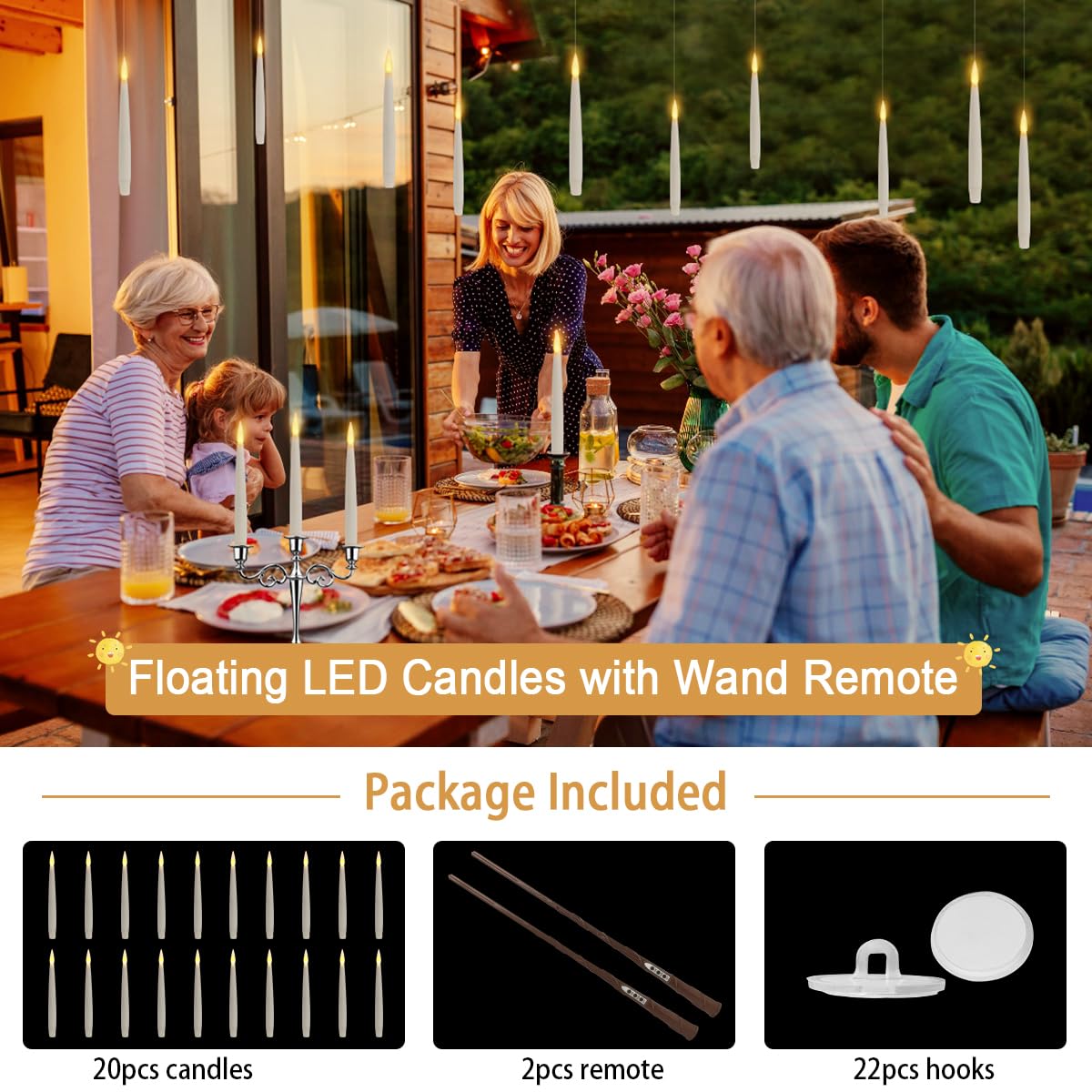 Besight Floating Candles with Wand Remote, 20pcs Flameless Taper Candles Christmas Decorations, Battery Operated Hanging Flickering LED Window Taper Candles for Christmas Wedding Party Decor