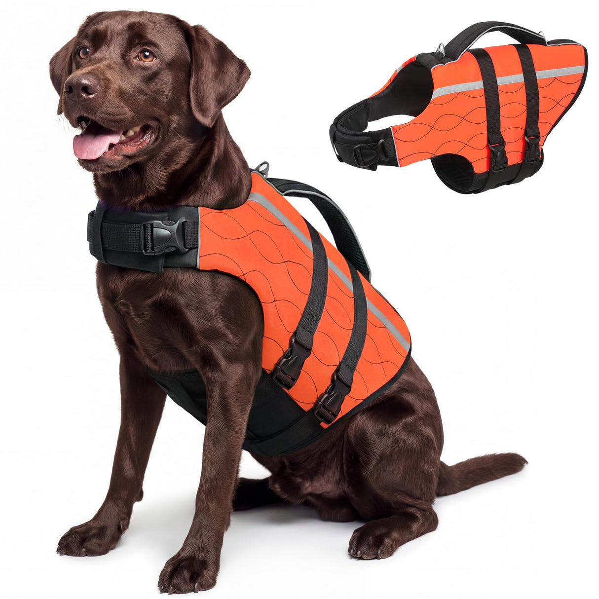 Queenmore Extra Large Dog Life Vest for Swimming Boating,Adjustable Ripstop Dog Life Vest for Large Dogs,Dogs Lifesaver with Rescue Handle, Doggie Swimming Vest for Big Pets,Orange,XL