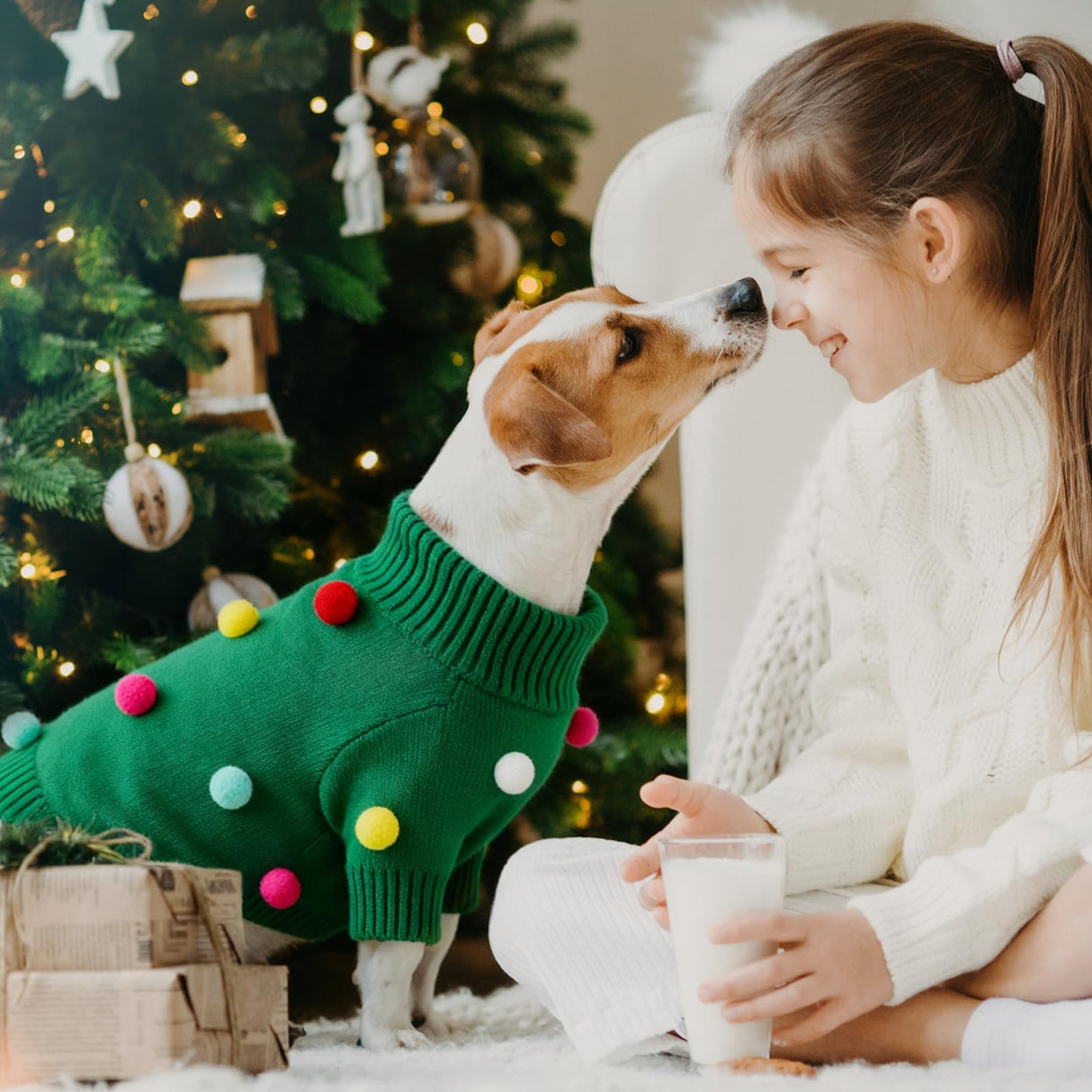 Dog Christmas Sweater Green Christmas Light Cardigans Dog Outfit Soft Warm Knitted Pet Clothes Cold Weather Puppy Clothes for Small Medium Large Dogs Cats