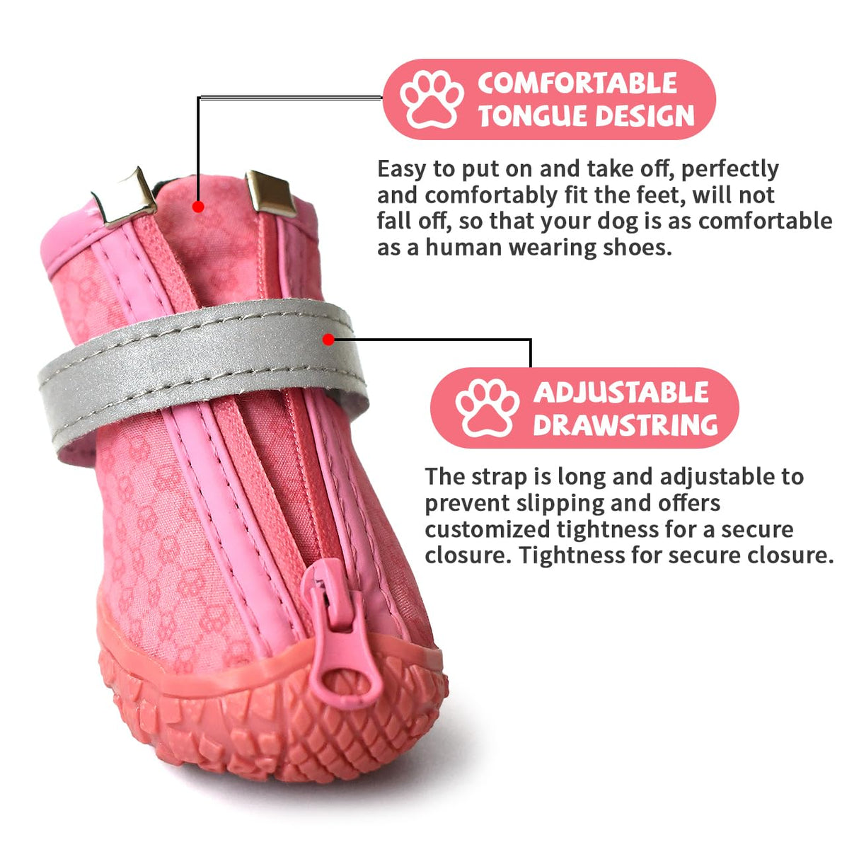 Pink Dog Shoes for Small Dogs, Anti-Slip Dog Boots with Reflective Strips, Puppy Paw Protectors for Ourdoor Indoor Walking Winter Snow Summer Hot Pavement, Waterproof in Rainy Weather 4PCS/Set