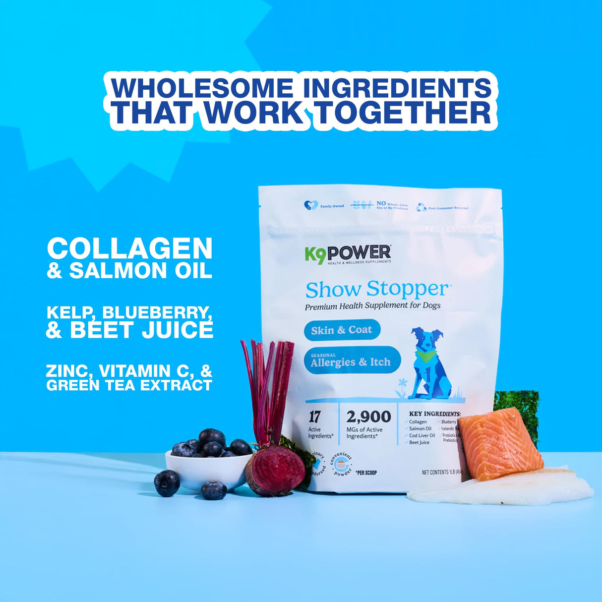 K9Power Show Stopper – Awarded #1 Dog Skin & Coat Product – Supports Allergy Relief, Itchy Skin, Shedding, Dull Coat – Salmon Oil, Collagen, Kelp, Zinc, Probiotics, Beet Juice, Vitamin C