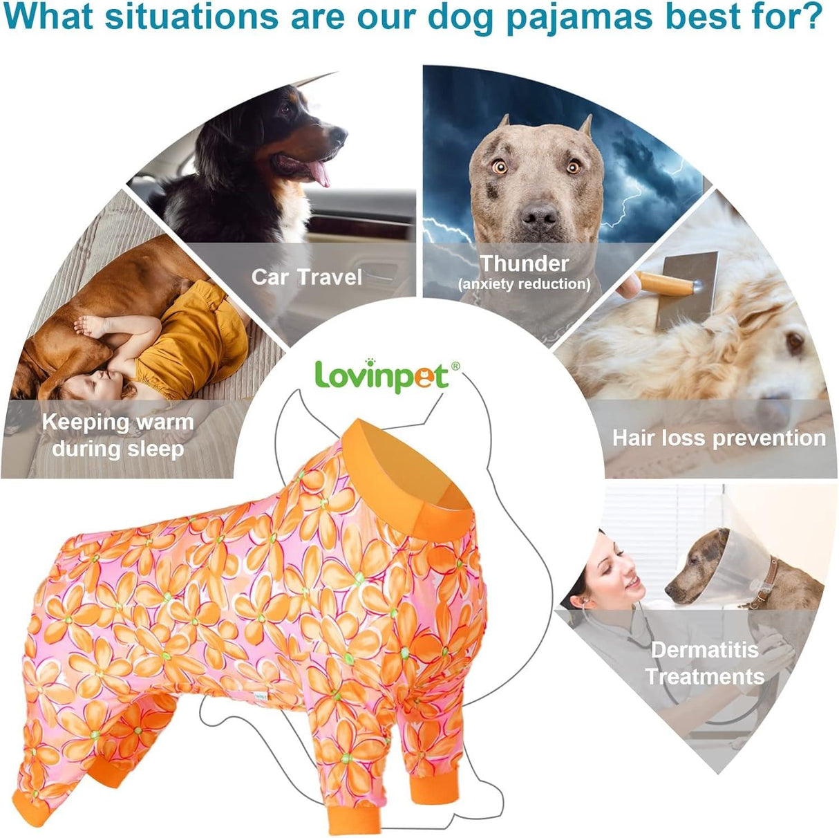 LovinPet Pj for Large Dog, Anti Licking Shirt, Wound Care Post Surgery Dogs Pajamas, Lightweight Stretchy Skin-Friendly Fabric, Orange Daisy Print, Large Dog Pjs, Use for Travel, Parties, Orange L