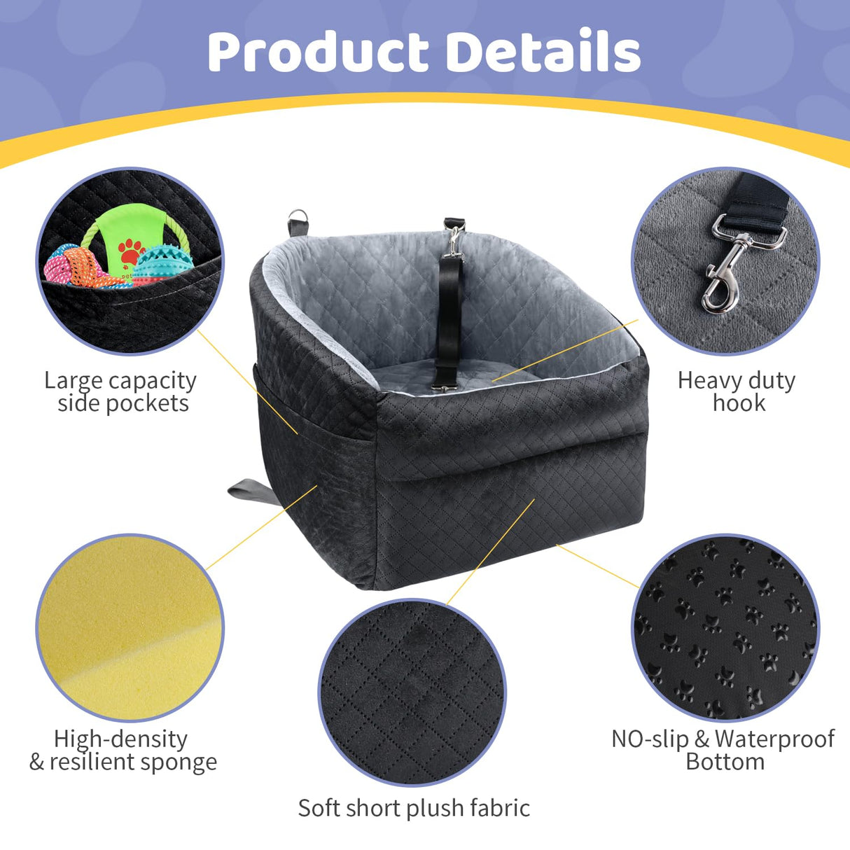 Dog Car Seat for Small/Medium Dogs, Upgrade Dog Booster Seat,Detachable and Washable Pet Car Seats with Thick Cushion Safety Leash and Storage Pockets(Black/Grey)