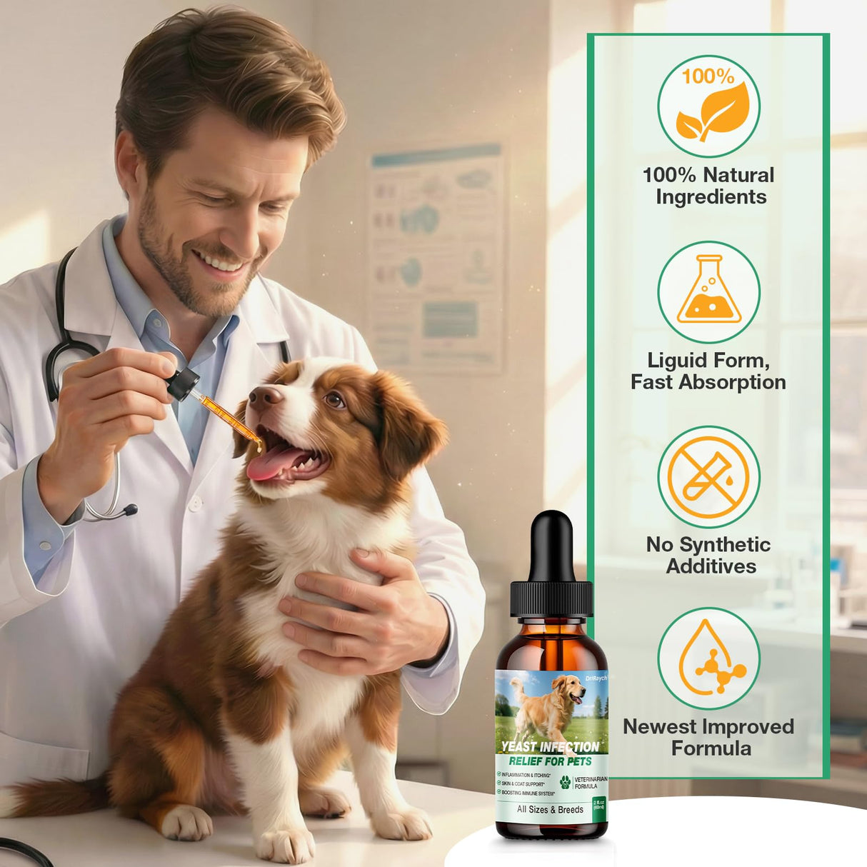 Yeast Infection Treatment for Dogs, Natural Dog Yeast Infection Treatment, Ear & Skin Itch Relief, Reduces Inflammation & Irritation, Herbal Dog Supplement Drops with Probiotics & Multivitamins, 2 FL