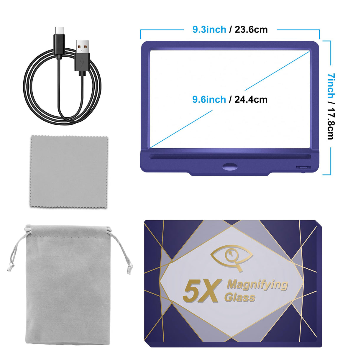 5X Rechargeable Full-Page Magnifying Glass for Reading, 43 Ultra Bright LED Handheld Large Magnifier with Light for Reading Small Prints and Low Vision Person