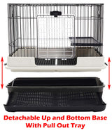 Deluxe 2-Level in/Outdoor Rabbit Hutch Cage for Ferret Squirrel Chinchilla Paw Safe Solid Platform Ramp Mesh Floor Pull Out Leakproof Easy Clean 2-Inch Deep Tray Large Access Doors Lockable Casters