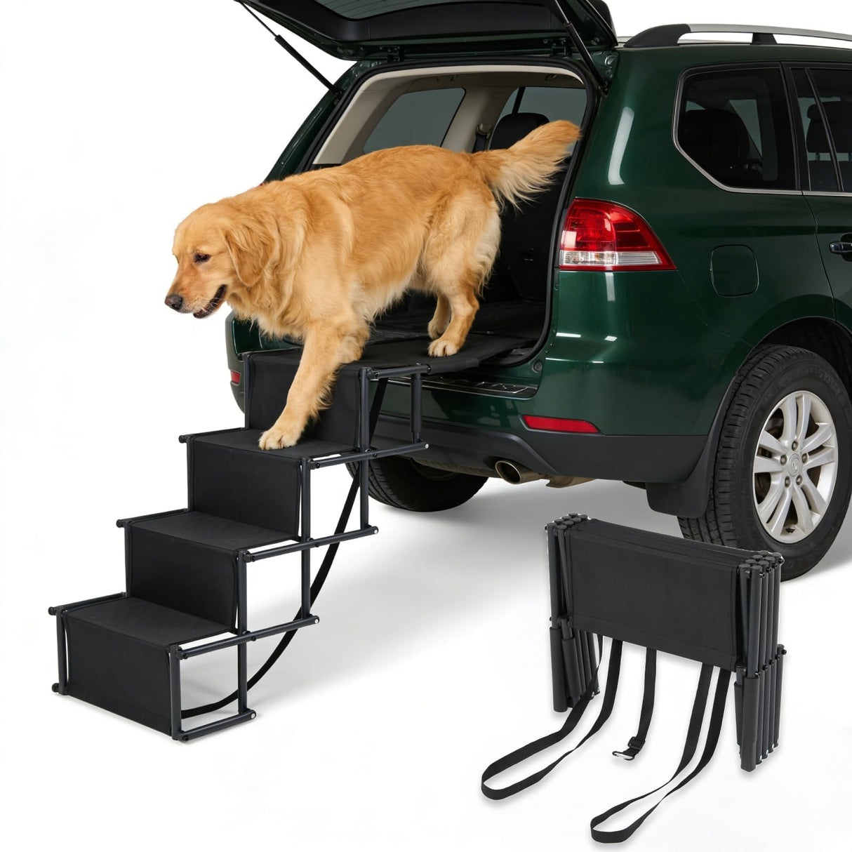 Extra Wide 4 Steps Dog Vehicle Ramps | Portable Non-Slip Pet Stairs for Cars, Trucks & SUVs | Folding Dog Ladder for High Beds | Supports Up to 200 Lbs