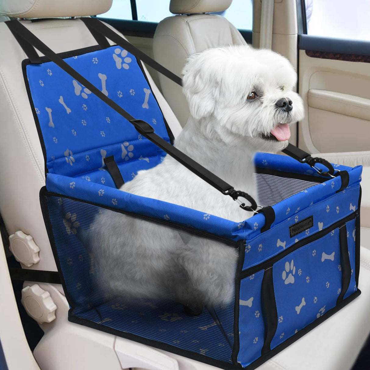 PetsHome Dog Car Seat Foldable Dog Car Booster Seat Waterproof Breathable Oxford Travel Bag for Small to Medium Dogs, Puppies, and Pets-Pattern Blue