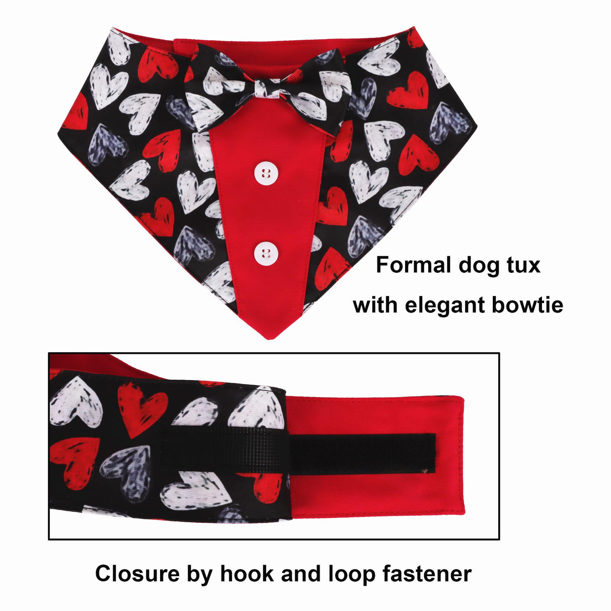 ADOGGYGO Valentine Dog Tuxedo, Red Black Heart Pet Bowtie Collar, Adjustable Valentine Bandana for Extra Large Dogs (XL)
