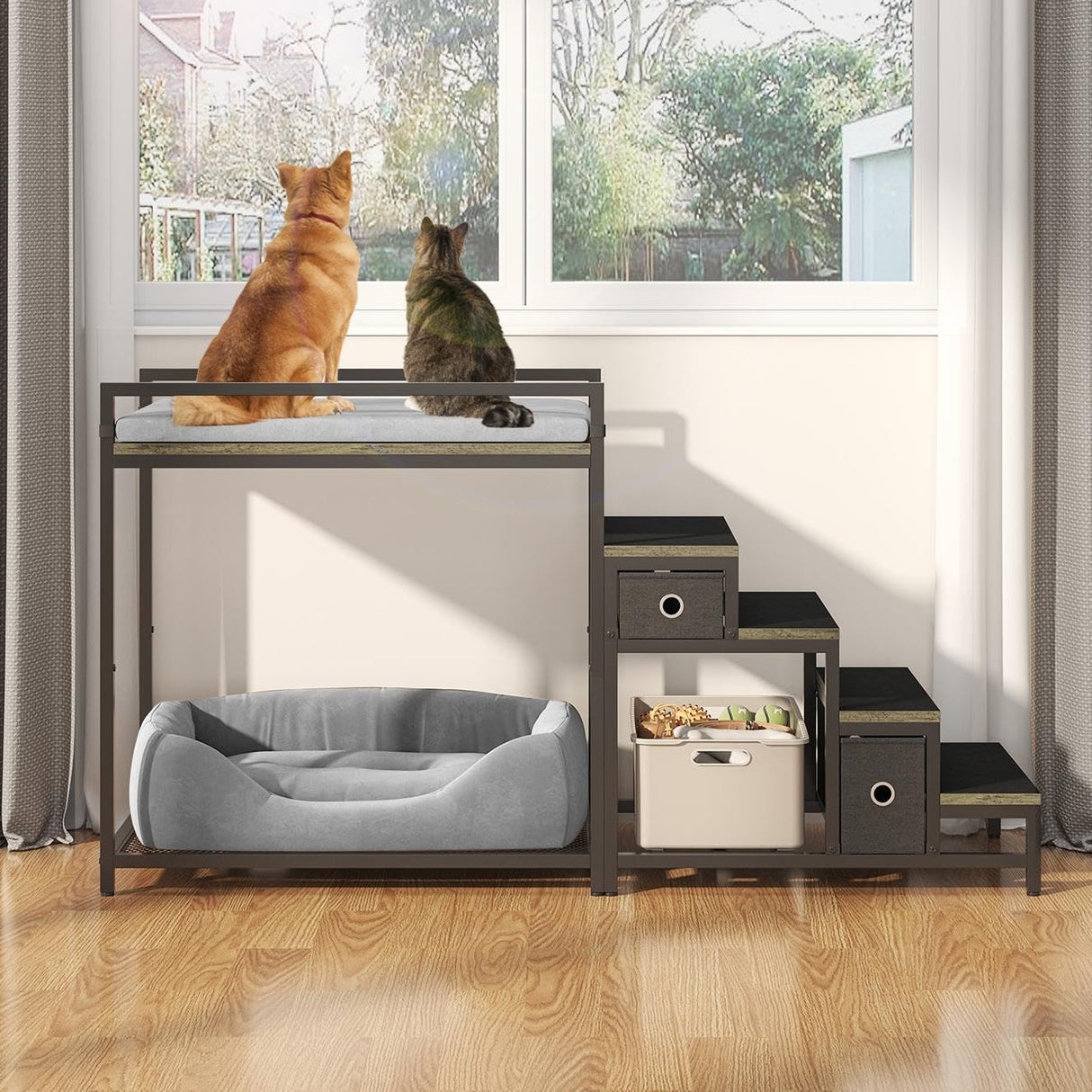 Saudism Pet Bunk Bed with Removable Stairs and 2 Drawers, Dogs/Cats Window Perch, Dog Window Seat with Soft Cushion, Ultra-Shallow Steps, Sturdy Metal Frame, Non-Slip, Load Capacity 60 LBS