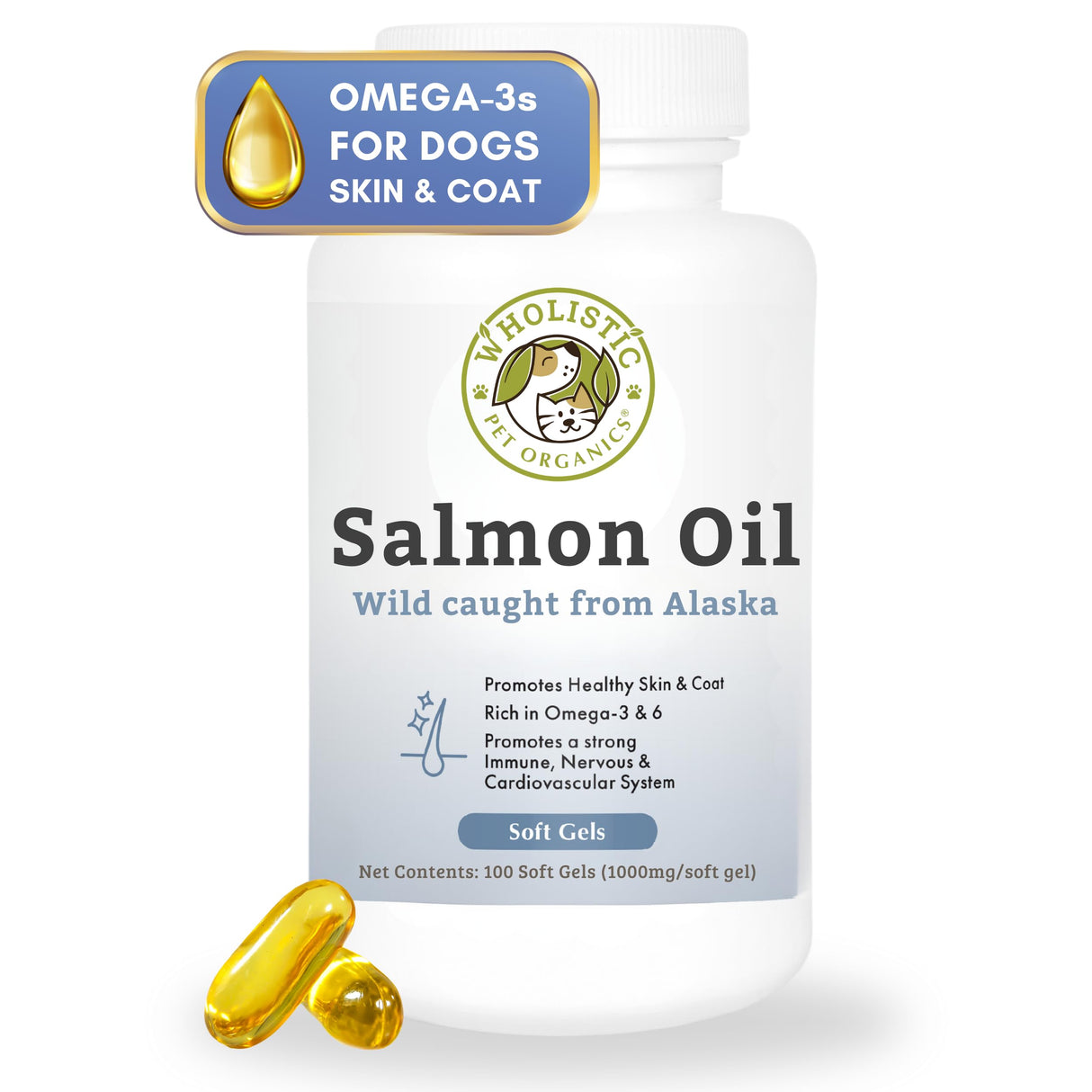 Wholistic Pet Organics Wild Alaskan Salmon Oil for Dogs - 100 Soft Gels - Rich Omega 3 Fish Oil with EPA & DHA for Skin, Coat, Joint, and Heart Health - Natural Dog Skin & Coat Care