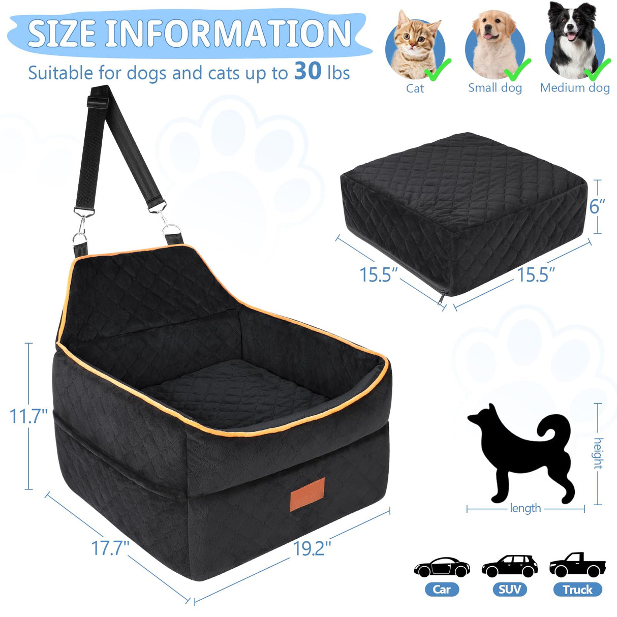 GL GLENSLAVE Dog Car Seat for Small Medium Dogs, Memory Foam Dog Booster Car Seat for Pets Under 35 lbs, Anti-Slip Pet Carseat with 2 Adjustable Leashes, Elevated Dog Travel Bed with Storage Pockets