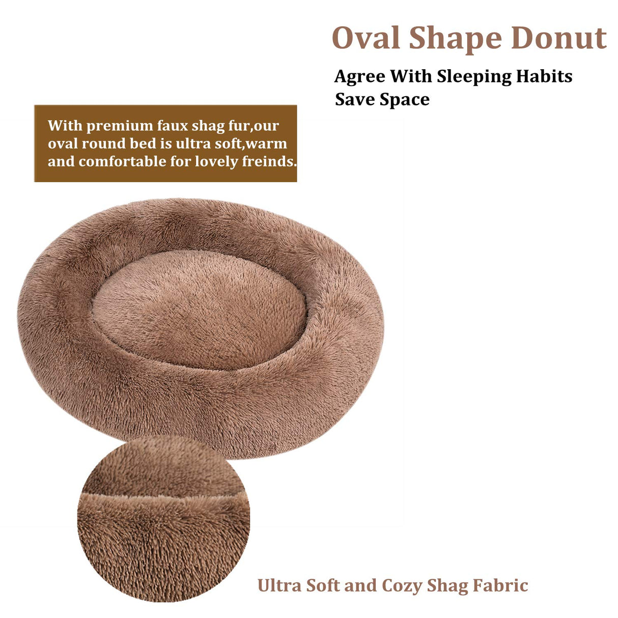 Coohom Oval Calming Donut Cuddler Dog Bed,Shag Faux Fur Cat Bed Washable Round Pillow Pet Bed(30"/36"/43") for Small Medium Dogs (XXL(43"x34"x8"), Camel)