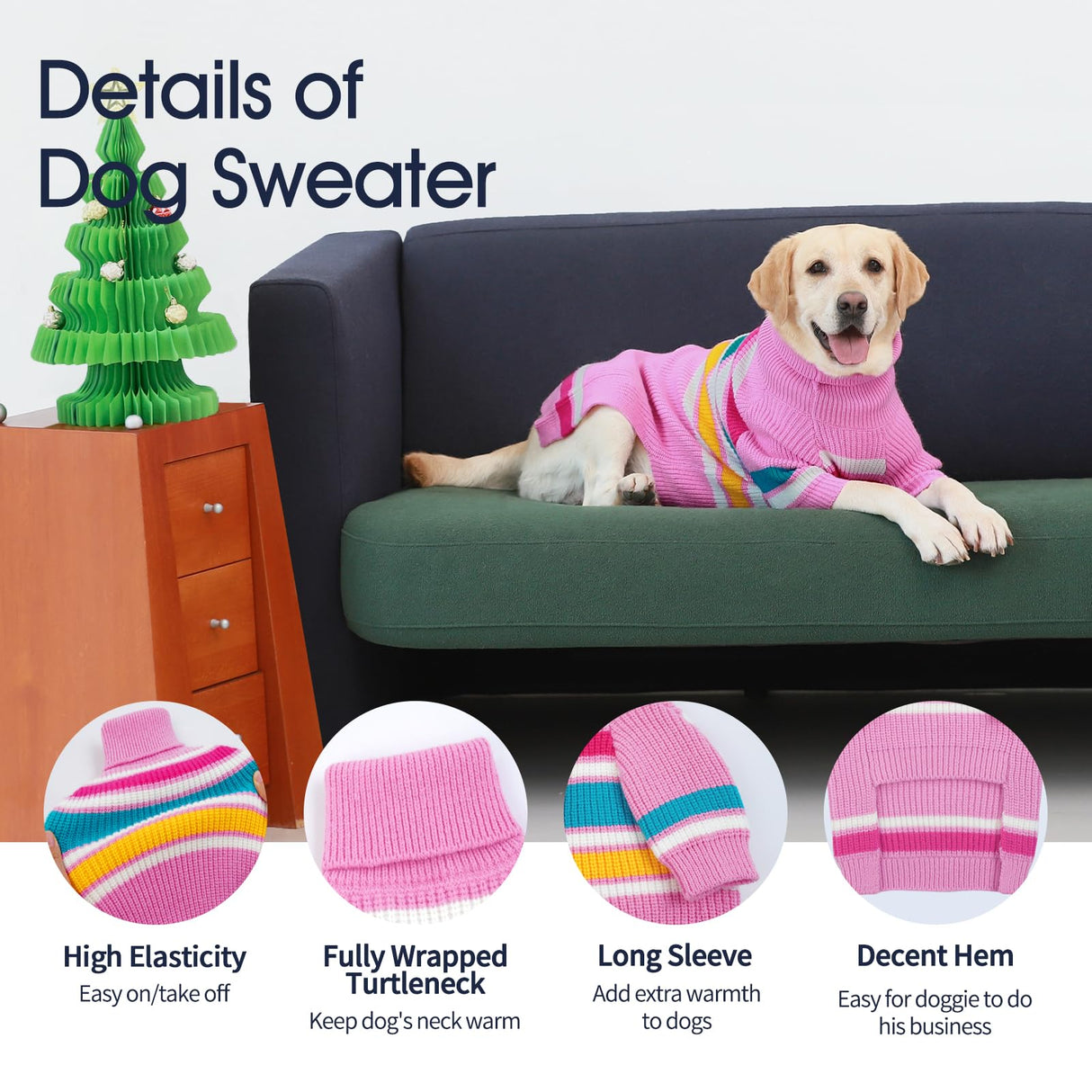 IECOii XXL Dog Sweaters - Turtleneck Pullover for Extra Large Dogs, Pink, XXL