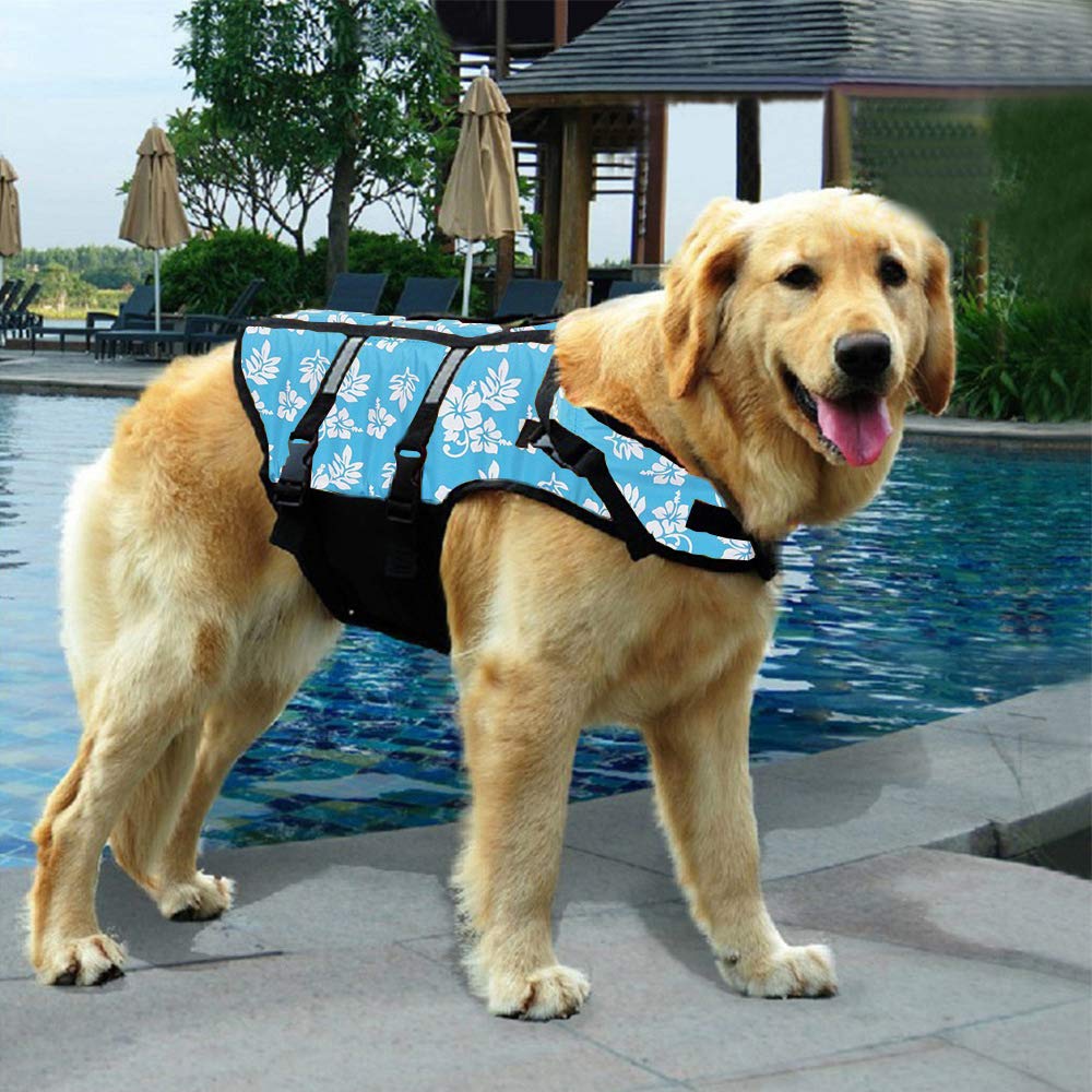 Izefia Dog Life Jacket Swimming Safety Coat Floatation Life Vest Life Saver with Handle for Small Dog Puppy Large Dog (Blue Flower, M)