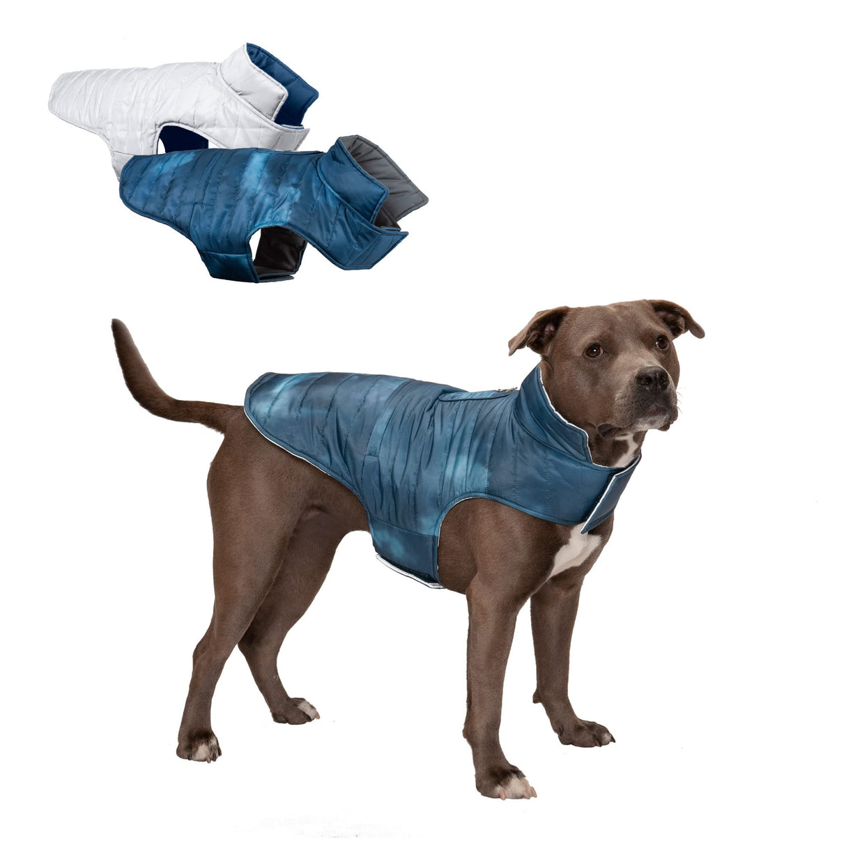Furhaven Water-Repellent & Reversible Medium Dog Coat, Washable & Reflective w/ Leash Access, Pocket, & Carry-On Purse - Puffer Dog Jacket - Blue Watercolor, Medium