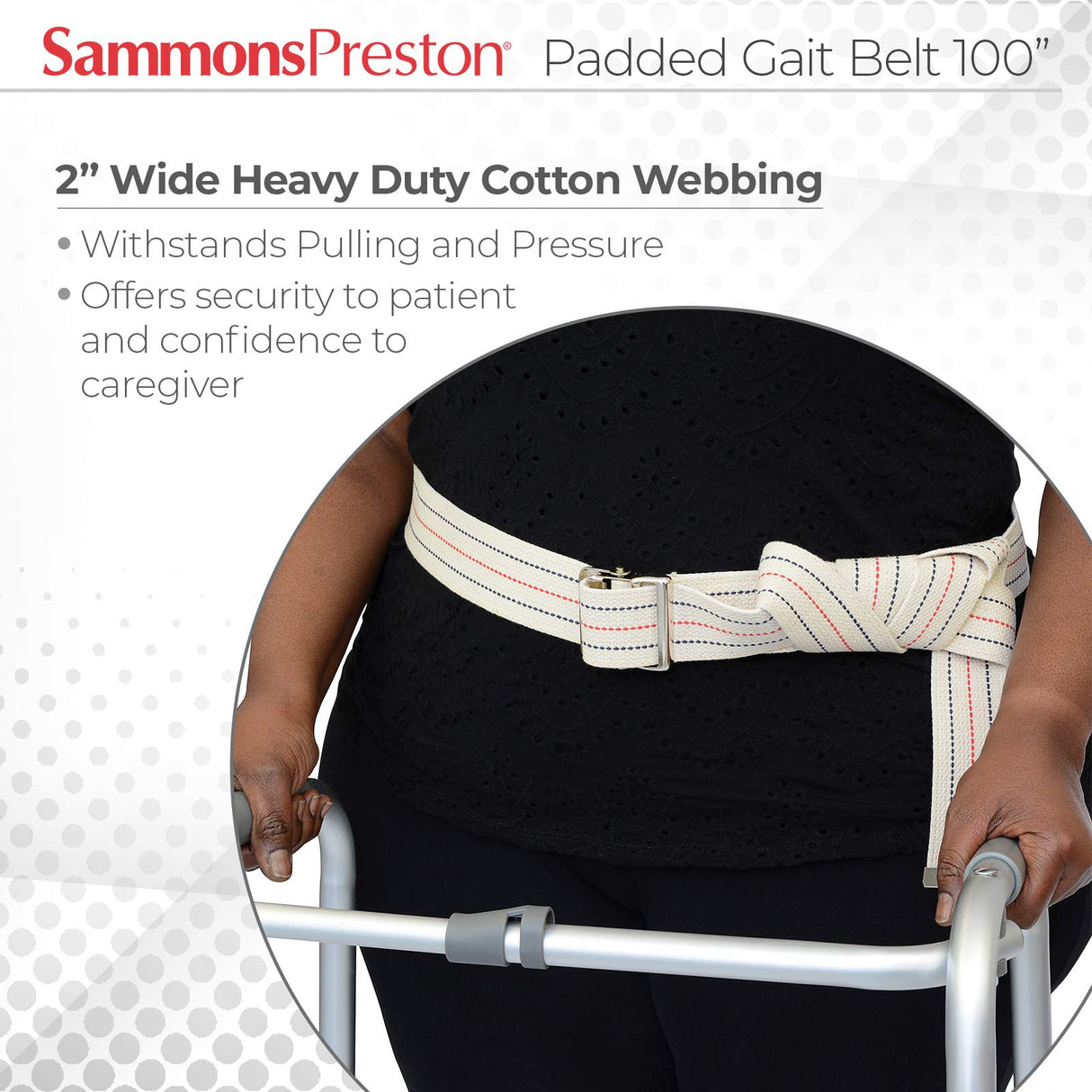 Sammons Preston Gait Belt with Metal Buckle, 2" Wide, 100"L, Heavy Duty Gait Transfer Belt, Patient Transfer, Essential Walking & Transport Assistant for Elderly, Disabled, & Patients, Neutral Stripe