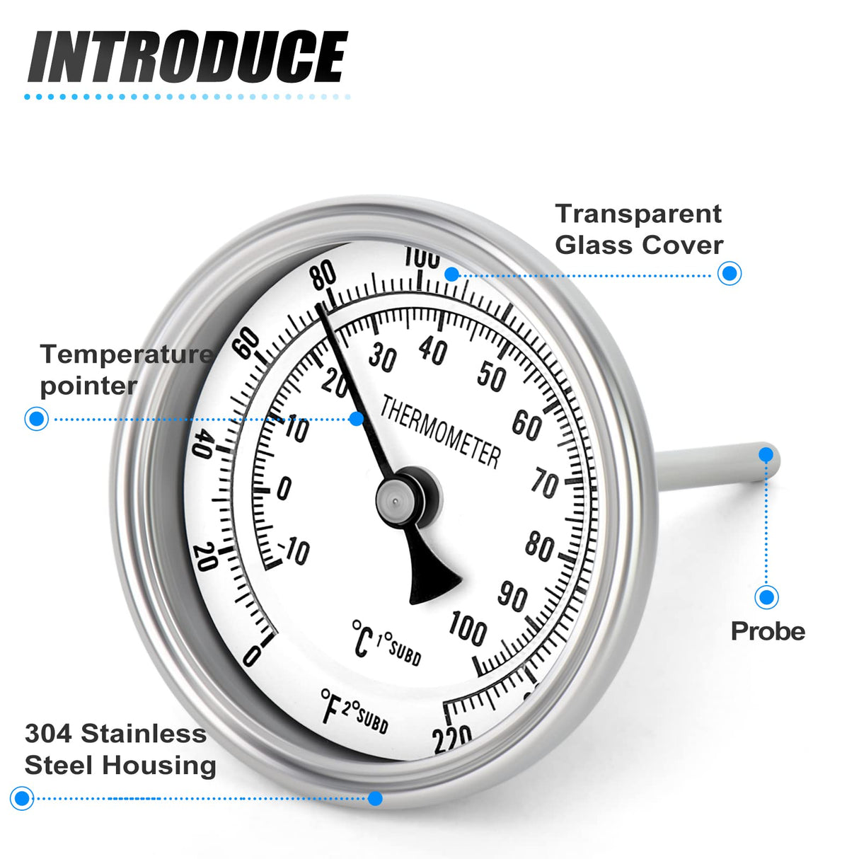 MEANLIN MEASURE 1/2" NPT Bimetal Thermometer for hot Water, boilers, and Pipes，3.3" Dial, 4.4" Stainless steel Stem，Temperature Range 0-220°F/-10-100 ° C, Accuracy 2%,Center Back Mount