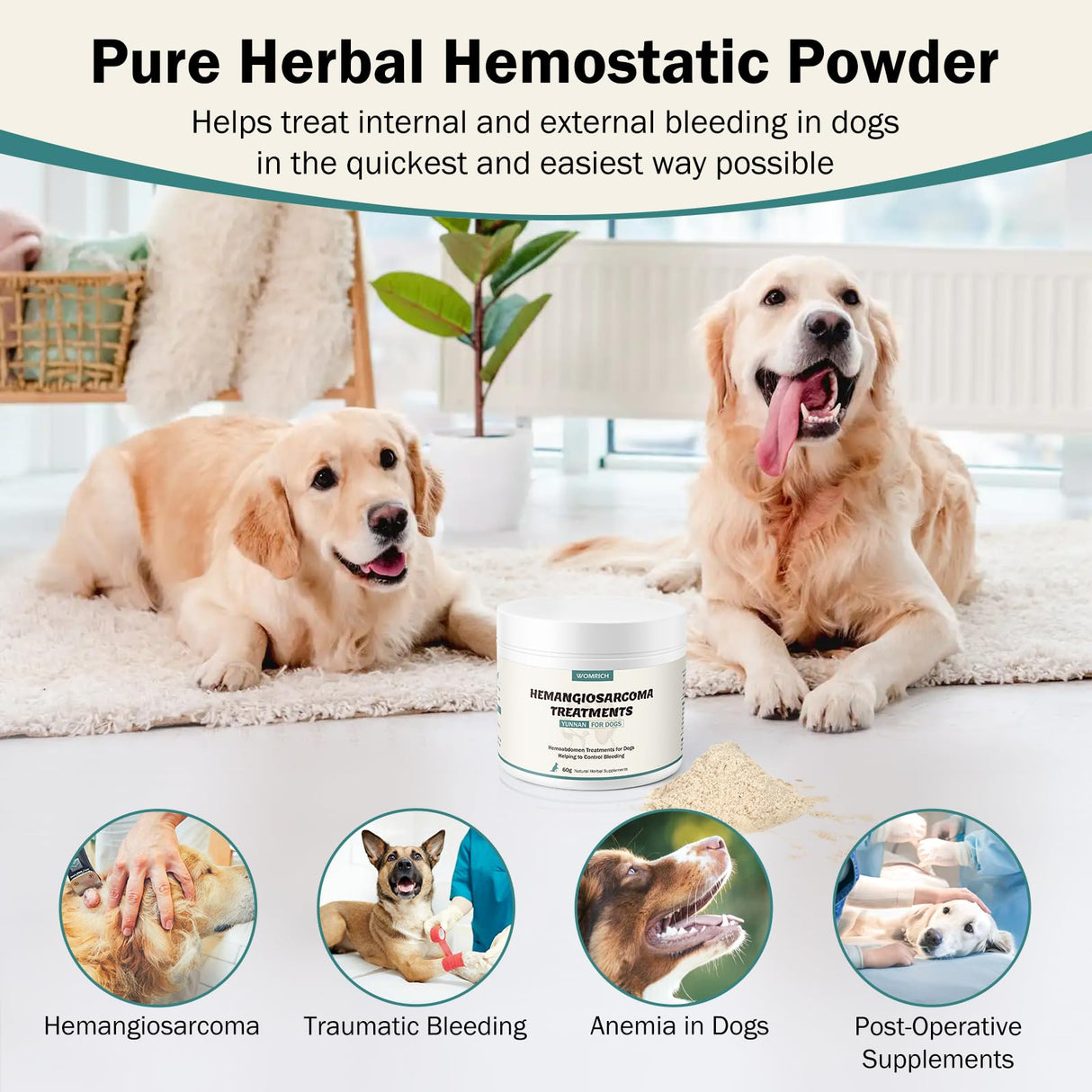 Quick Stop Bleeding for Dogs, Natural Yunnan Sanqi Powder for Hemangiosarcoma, Hemoabdomen, Pericardial Effusion, Cancer Bleeding, Severe Bruising, Ulcer-Related Bleeding, Bloody Stools - 60g