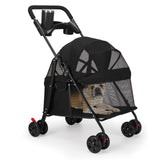 Foldable Pet Stroller for Small/Medium Dogs & Cats up to 22 lbs - Lightweight 4-Wheel Design with Sun Canopy, Storage Basket & Breathable Mesh Windows（Black