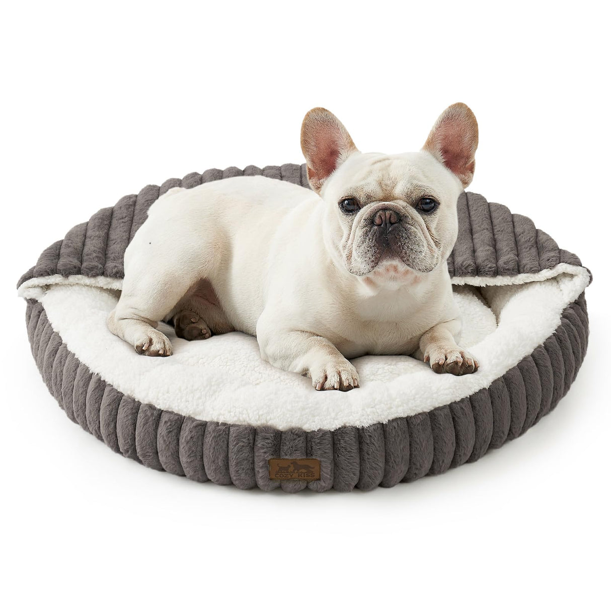 Small Dog Bed with Hooded Blanket, Round Fluffy Anti-Anxiety Pet Bed for Small Dogs & Medium Dogs, Cozy Donut Cuddler with Machine Washable Faux Fur & Anti-Slip Bottom(26"×26"×7",Grey)