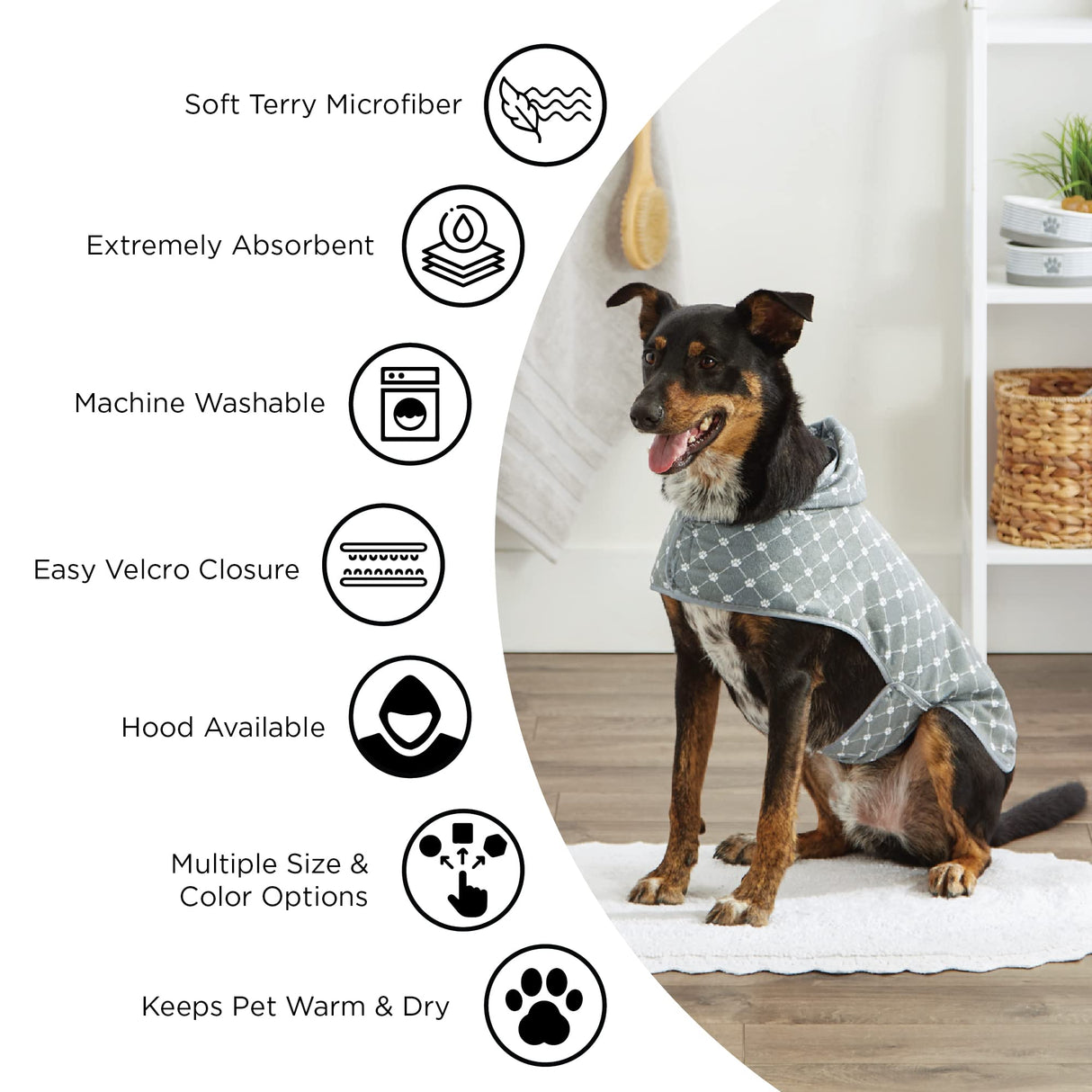 Bone Dry Pet Robe Collection, Embroidered Absorbent Microfiber Bath Robe with Adjustable Closure, for Dogs & Cats, Medium, Lettuce Green