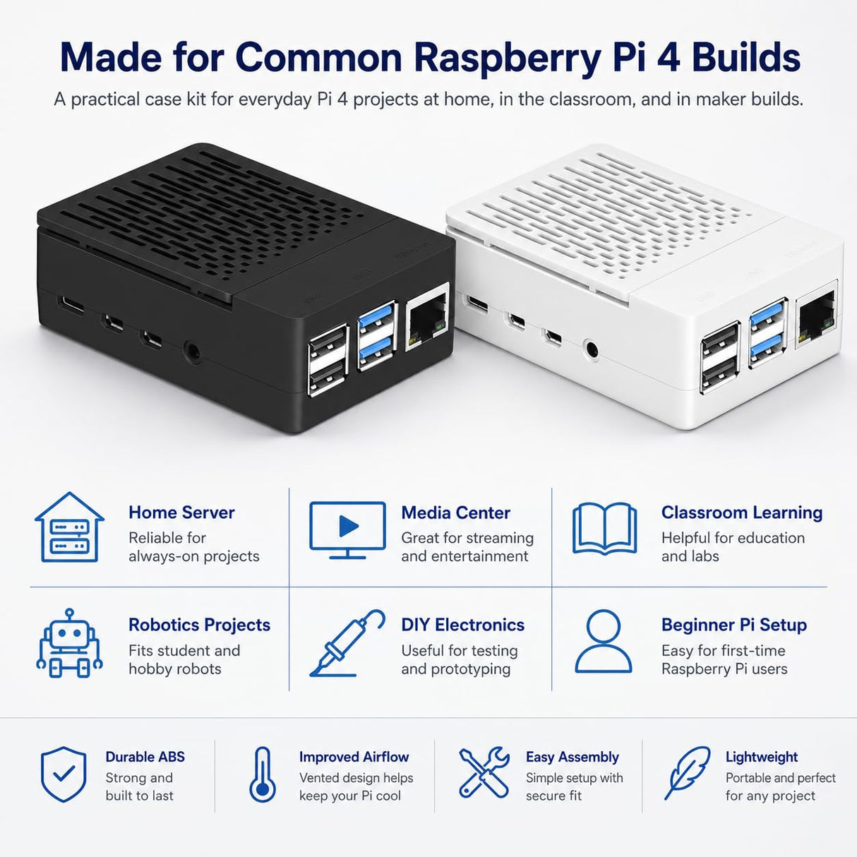 Case for Raspberry Pi 4, ABS Pi 4 Case with Cooling Fan, Pi 4 Heatsink, Simple Removable Top Cover for Pi 4 Model B/ 4B
