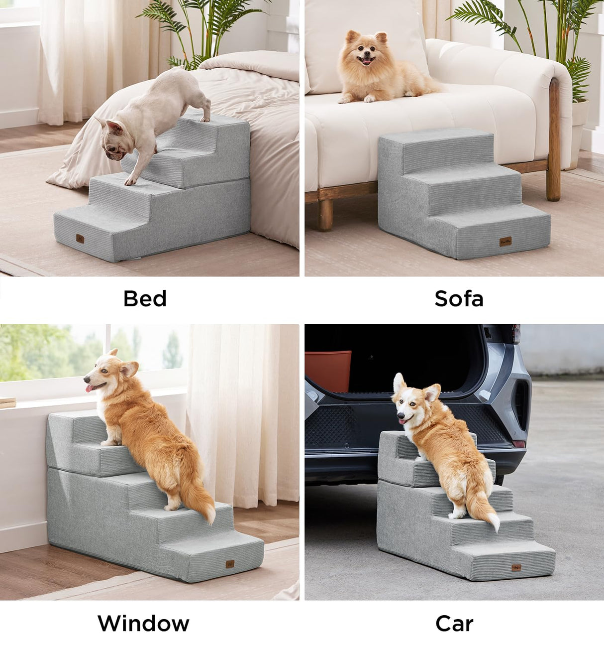 Made4Pets Dog Stairs for Small Dogs, Extra Wide Dog Steps for Bed Couch Sofa and Chair, 35D Foam Pet Steps for Small Dogs and Cats(Up to 40lbs), Non-Slip Bottom Pet Stairs, Light Grey, 3 Steps
