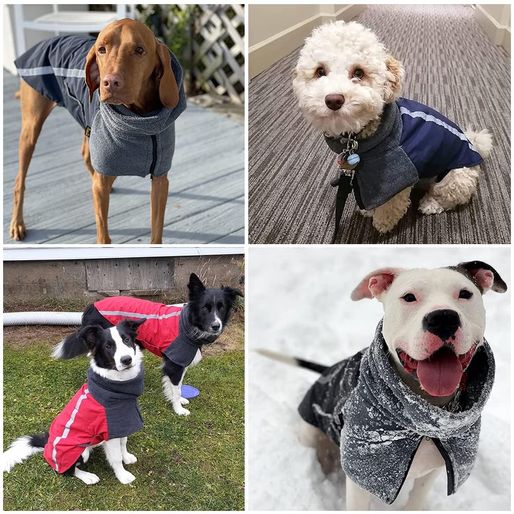 SlowTon Winter Dog Coat, Warm Polar Fleece Lining Doggie Outdoor Jacket with Turtleneck Scarf Reflective Stripe Adjustable Waterproof Windproof Puppy Vest Soft Pet Outfits (M+,Blue)