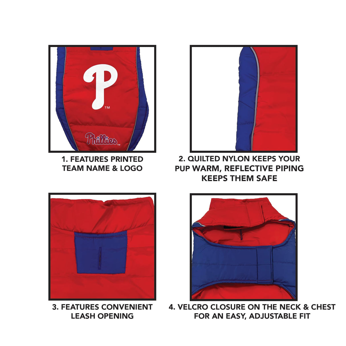 MLB Philadelphia Phillies Puffer Vest for Dogs & Cats, Size Large. Warm, Cozy, & Waterproof Dog Coat, for Small & Large Dogs/Cats. Best MLB Licensed PET Warming Sports Jacket