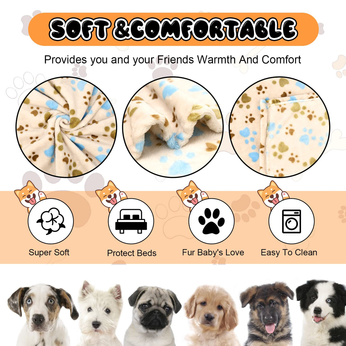 Rezutan Dog Blanket for Large Dogs, Upgraded 3 Pack Dog Cat Flannel Blankets Washable, Soft Pet Mat Throw Cover Suitable for Kennel Crate Bed, Cute Paw Pattern, Beige, 31" x 41"