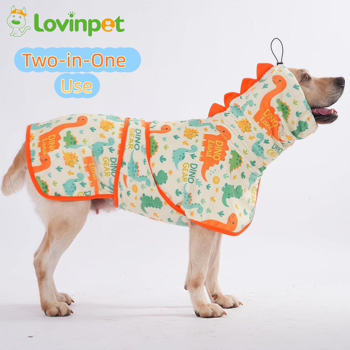 LovinPet 3‑in‑1 Dog Warm Winter Coat & Bathrobe, Hooded Dinosaur Fleece, Lightweight High‑Loft, Absorbent Knit, Quiet Hook‑and‑Loop, Wind‑Blocking Edges, Dog Robes for Medium & Large Dogs, Orange,XL