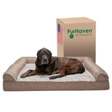 Furhaven Memory Foam Dog Bed for Large Dogs w/ Removable Bolsters & Washable Cover, For Dogs Up to 125 lbs - Luxe Faux Fur & Performance Linen Sofa - Woodsmoke, Jumbo Plus/XXL