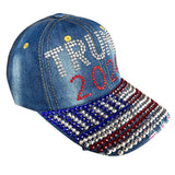 Gamusi Trump 2024 Baseball Cap Denim Distressed Bling Rhinestone Hat USA Flag Cap Adjustable Unisex (2024 Flag)