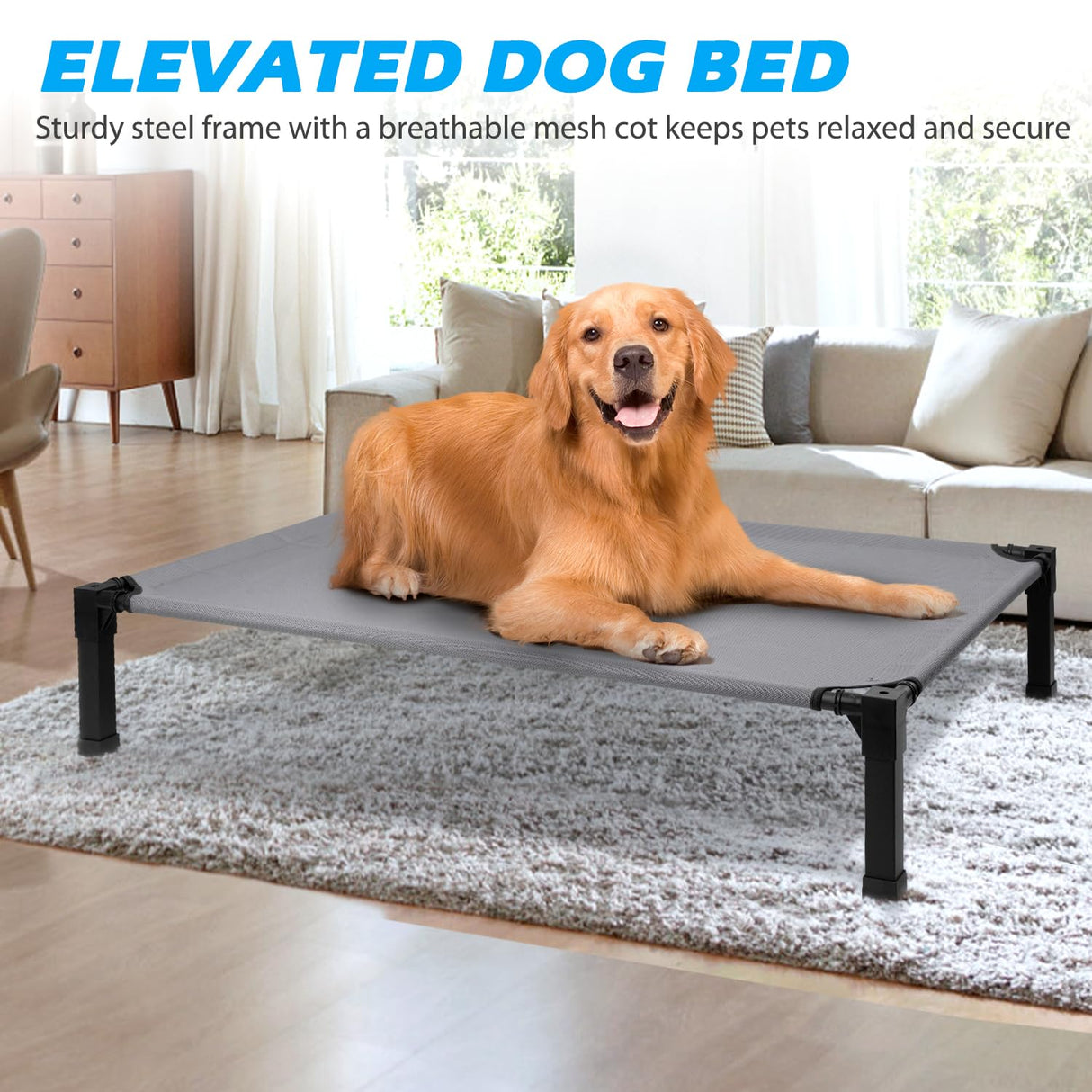 Cooling Elevated Dog Bed with Mesh and Metal Frame, Portable Dog Cot for Outdoor and Indoor Use