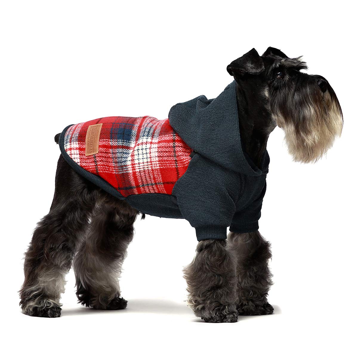 Fitwarm Tartan Plaid Dog Hoodie, Knitted Dog Clothes for Small Dogs Boy, Pet Sweater with Hood, Cat Fleece Lined Winter Outfit, Red, Navy Blue, XL