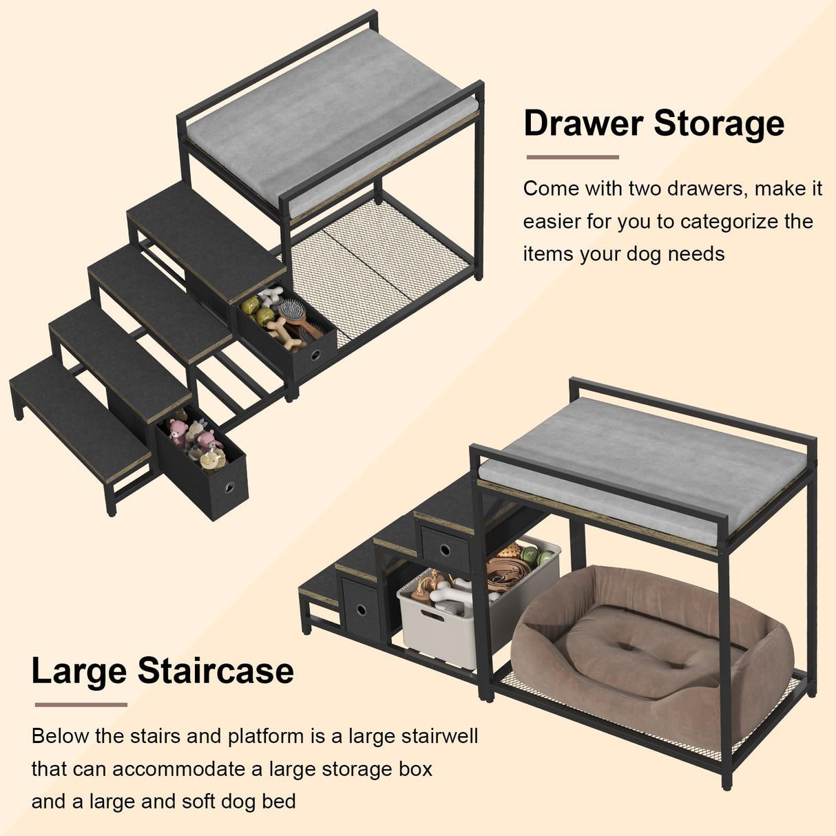 Saudism Pet Bunk Bed with Removable Stairs and 2 Drawers, Dogs/Cats Window Perch, Dog Window Seat with Soft Cushion, Ultra-Shallow Steps, Sturdy Metal Frame, Non-Slip, Load Capacity 60 LBS