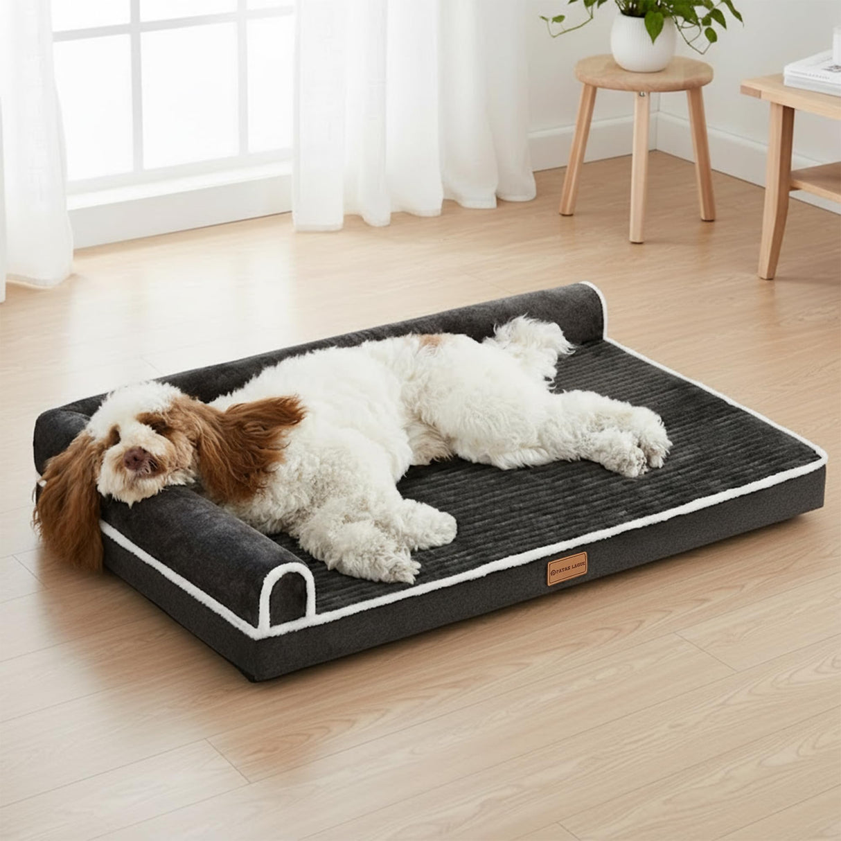 Patas Lague Orthopedic XL Dog Bed Large Sized Dog 48''X30'', Waterproof Comfortable L Bolster Big Extra Large Non-Slip Soft Warm Pet Crate Bed Sleep Sofa mat with Removable Washable Cover, Black