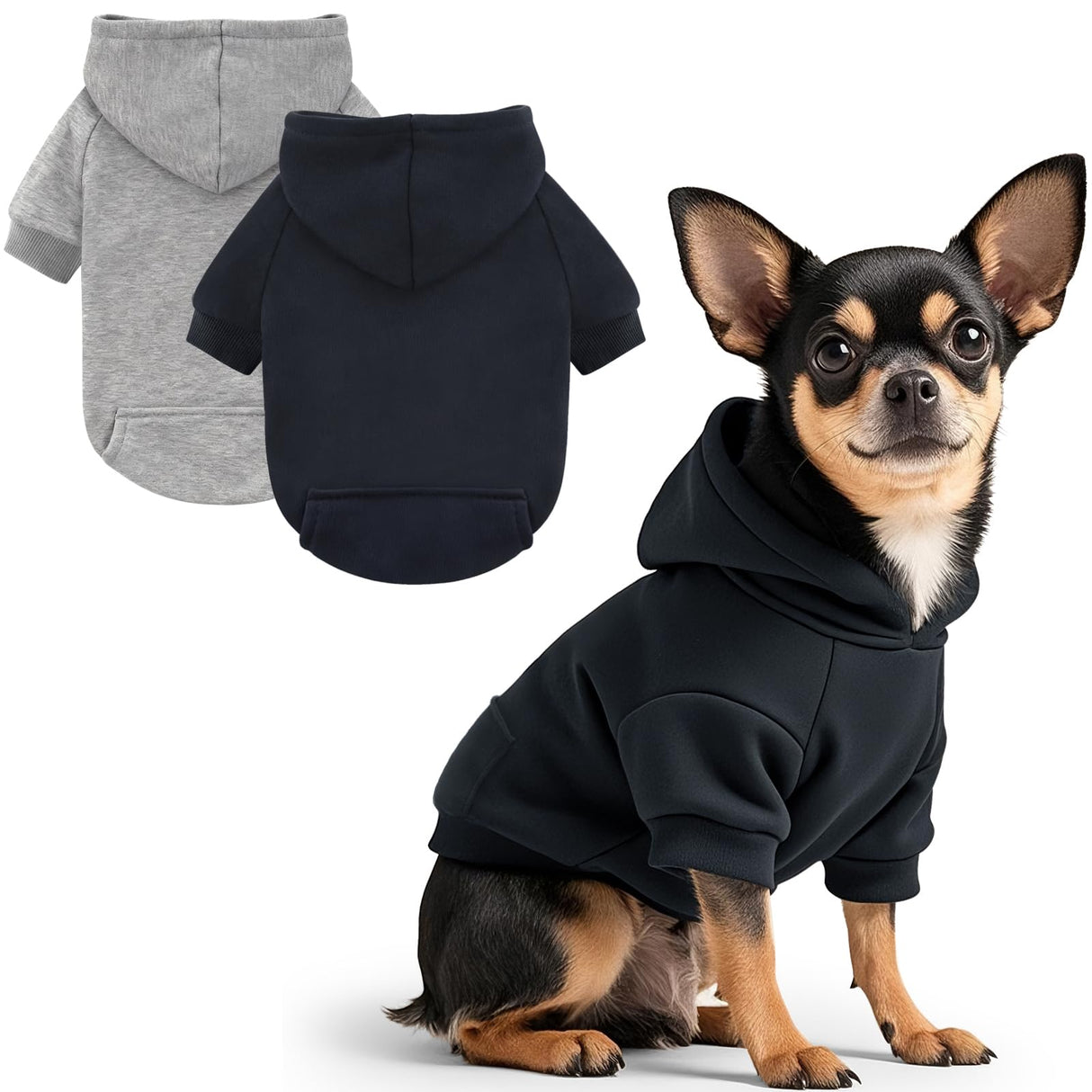 Idepet Pet Dog Hoodies 2 Pack with Pocket, Dog Outfits for Small Pets Chihuahua Clothes Warm Coat Jacket Autumn Puppy Sweatshirt Cats Clothing