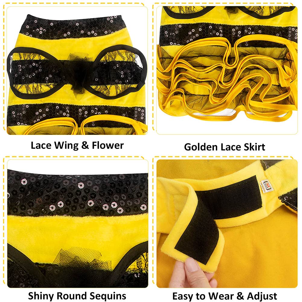 Bee Dog Halloween Costumes, Bumblebee Dress Cosplay Clothes with Cap, Funny Pet Halloween Outfit for Small Medium Large Dogs Cats Christmas Birthday Party Photo Props