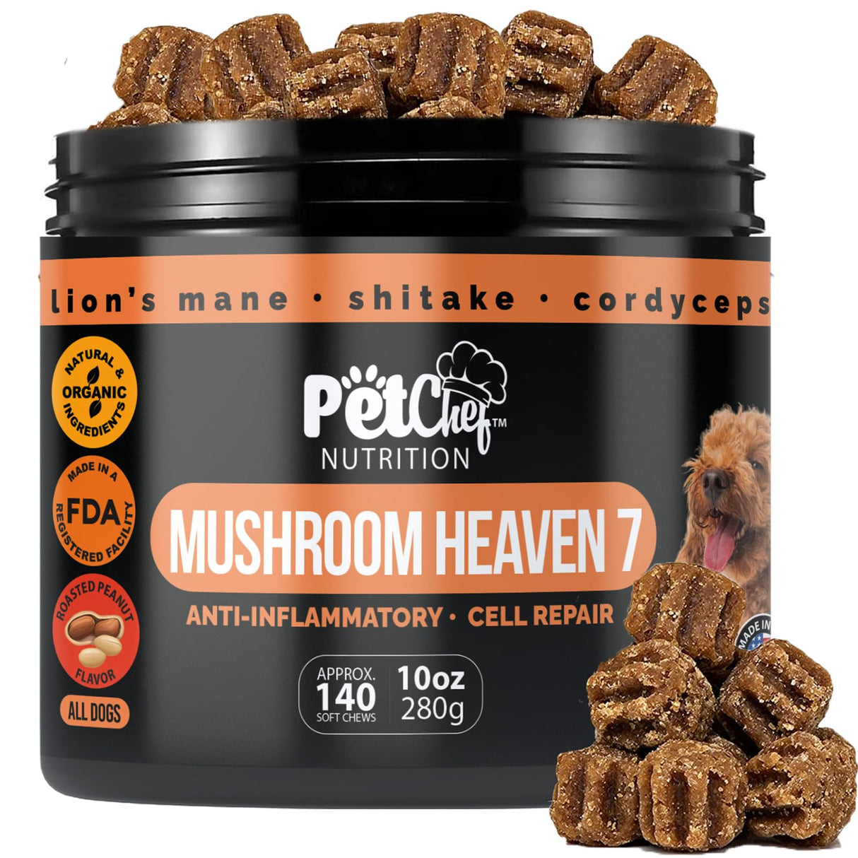 Pet Chef Turkey Tail Mushroom Chews for Dogs 7 Mushroom Blend with Lion’s Mane, Reishi, Maitake, Milk Thistle & Ginger Root for Immune, Gut & Detox Support, 140 Soft Chews (Natural & Organic)