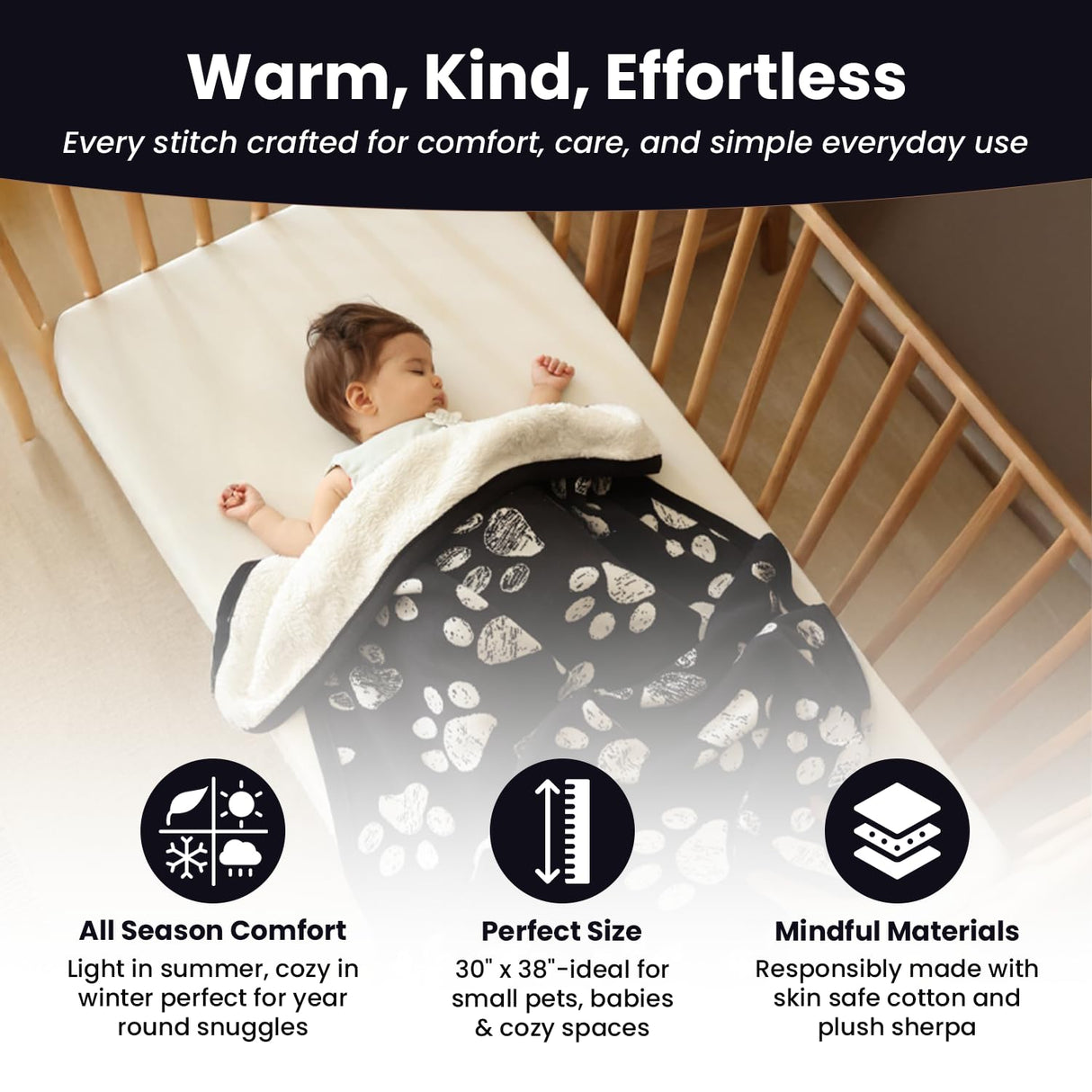 Baby & Pet Blanket 100% Cotton with Sherpa Fleece – Soft Stroller & Cuddle Blanket for Baby, Dog & Cat – Breathable, Hypoallergenic, Washable – 76×96 cm All-Season Blanket Black