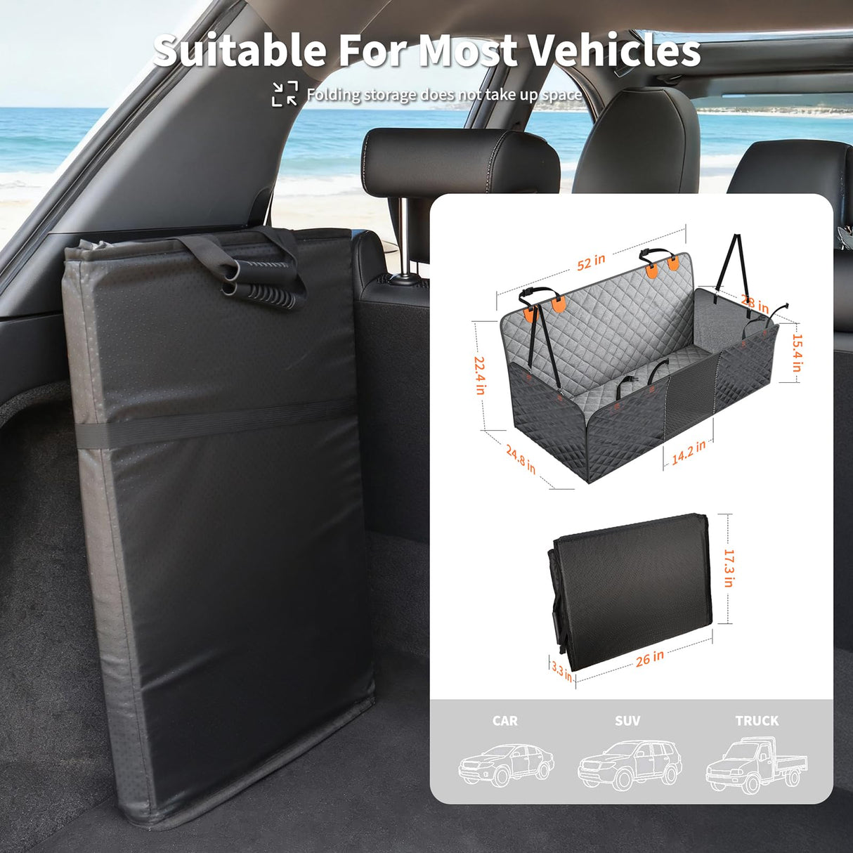 HOTEAGLE Back Seat Cover for Dogs, Waterproof Hard Bottom Spacious and Comfortable, Ideal for Car Trips and Outdoor Adventures, Cherished by Pet Owners（Grey）