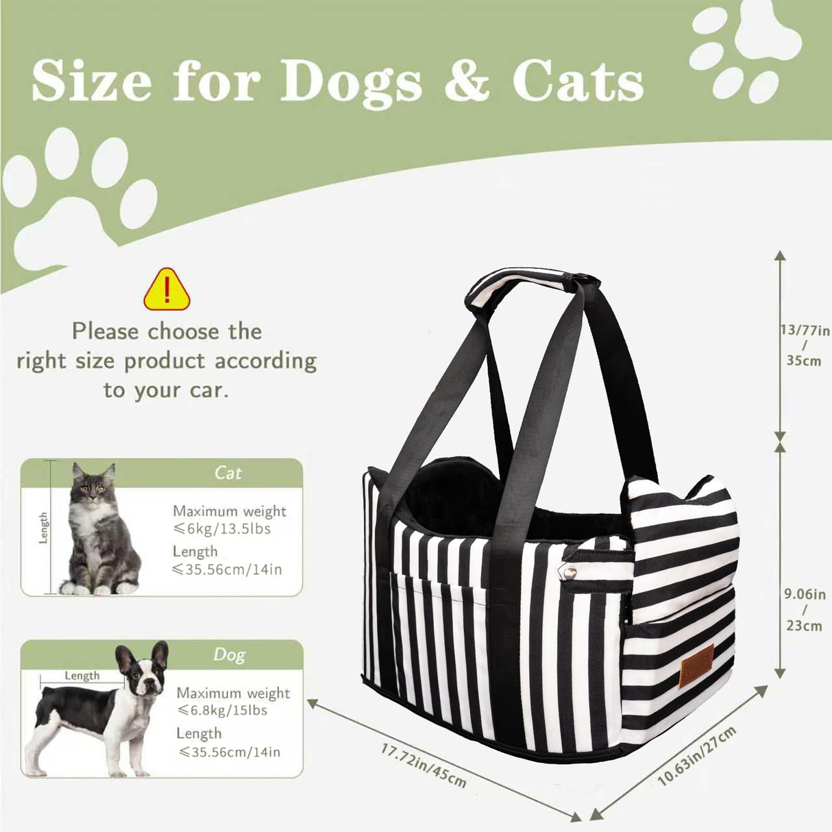 Cullaby Dog Car Seat for Small Dogs Under 15 lbs – Center Console Pet Carrier with Safety Belt, Storage Pockets, Removable Washable Cover – B&W Stripes, Secure & Comfortable for Small Puppies/Cats