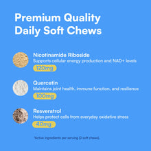 Load image into Gallery viewer, NAD+ Precursor &amp; Senior Dog Supplement - 90 Soft Chews &amp; Vitamins - NMN Alternative for Longevity, Anti-Aging &amp; Energy - Nicotinamide Riboside, Resveratrol, Quercetin, Made with Pasture-Raised Chicken
