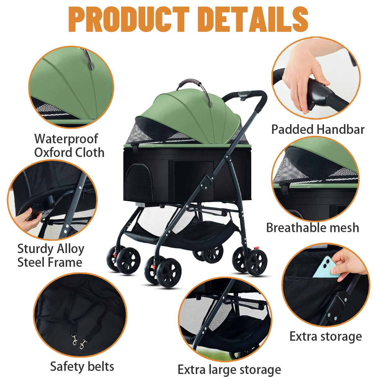 ZHUOKECE 3-in-1 Pet Dog Stroller, Dog Wagon with Removable Carrier, Cat Stroller for Medium Dogs Up to 55lbs (Green)
